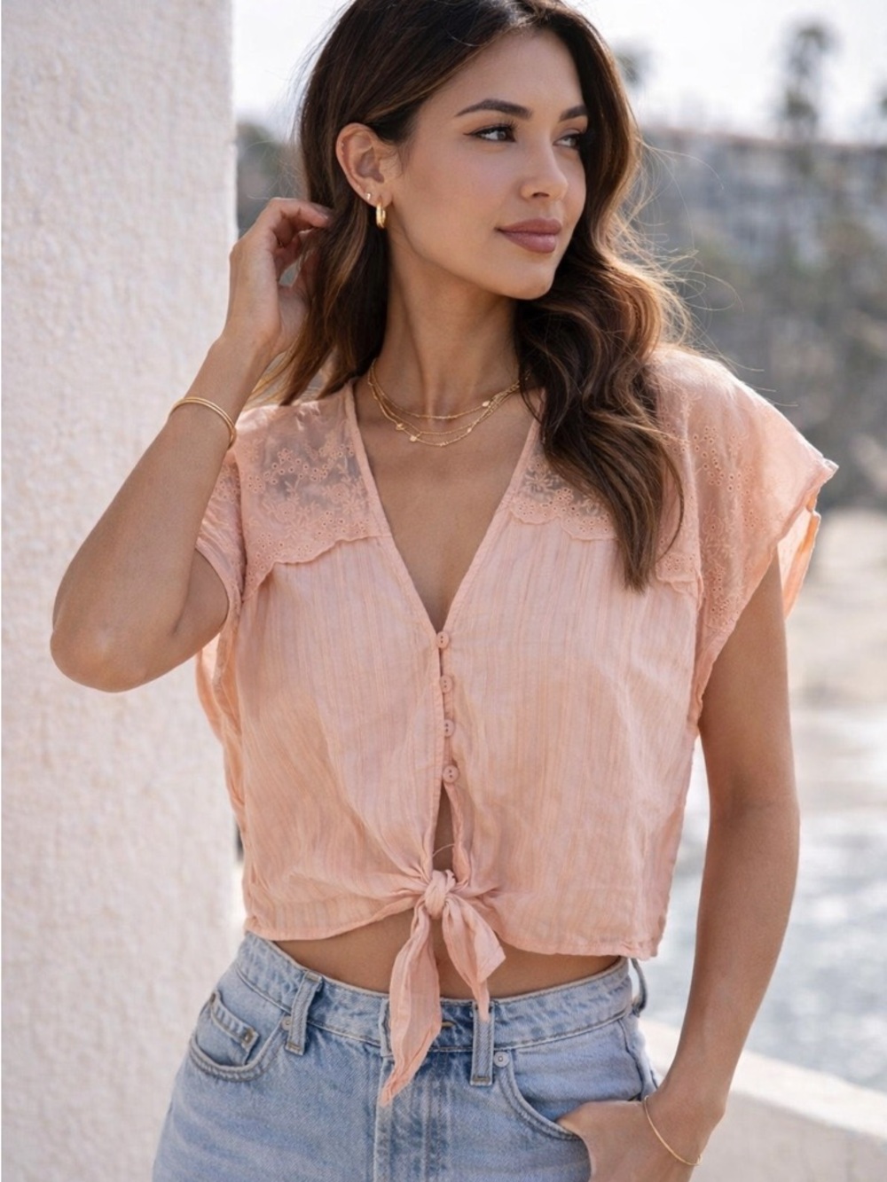 Molly Bracken Blush Pink Tie Front Cropped Top Eyelet Lace Boho Romantic Small